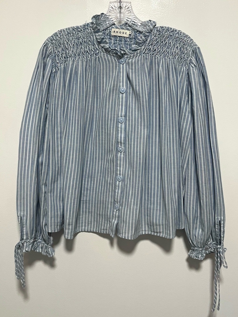 Rhode Blue Stripe Balloon Sleeve Ruffle Tie Button Up Blouse Cotton XS Feminine